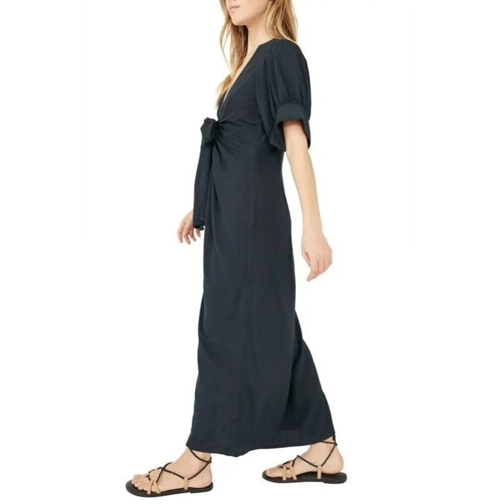 NEW Free People Women's Maxi Dress XS Black Plunge Neck Tie Front Linen Blend - Picture 3 of 10